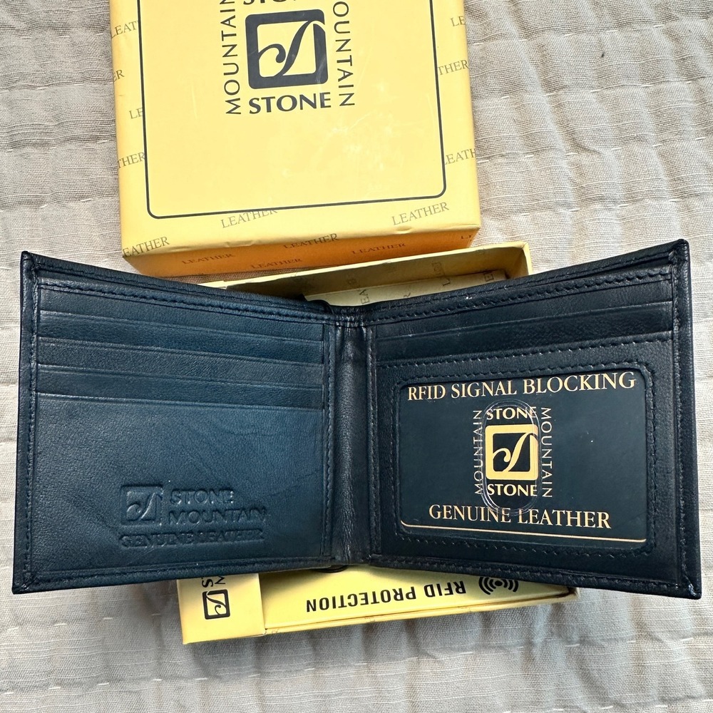 Stone Mountain Mens Black Full Grain Leather RFID Blocking Bifold Wallet NIB